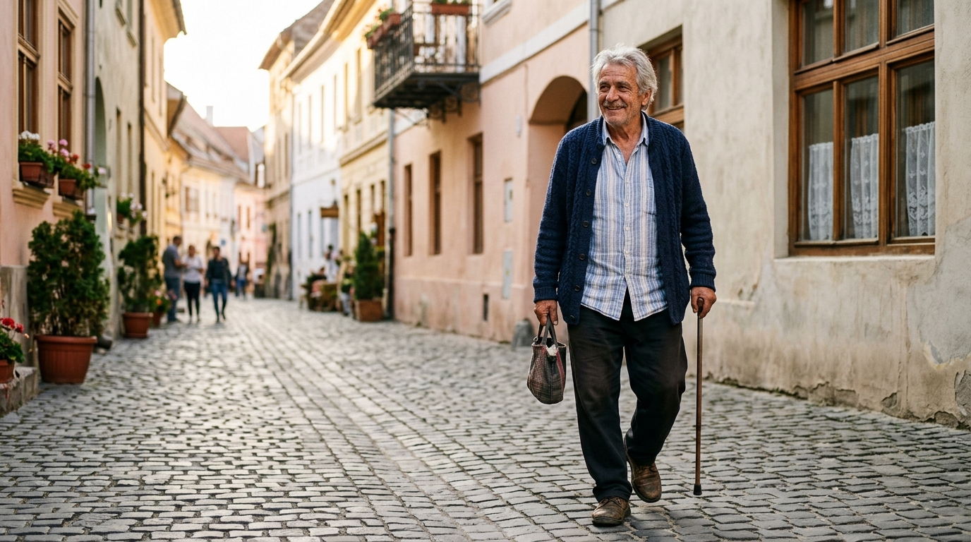 Radu plimbându-se calm și relaxat dimineața devreme pe o stradă din Transilvania